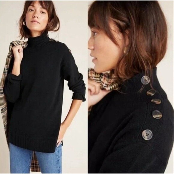 Anthropologie Women's Size Small Button Mock Neck Black Cozy Sweater Casual - Picture 1 of 13